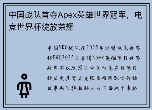 中国战队首夺Apex英雄世界冠军，电竞世界杯绽放荣耀