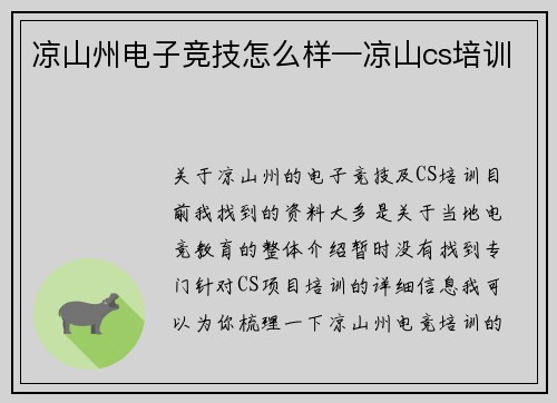 凉山州电子竞技怎么样—凉山cs培训